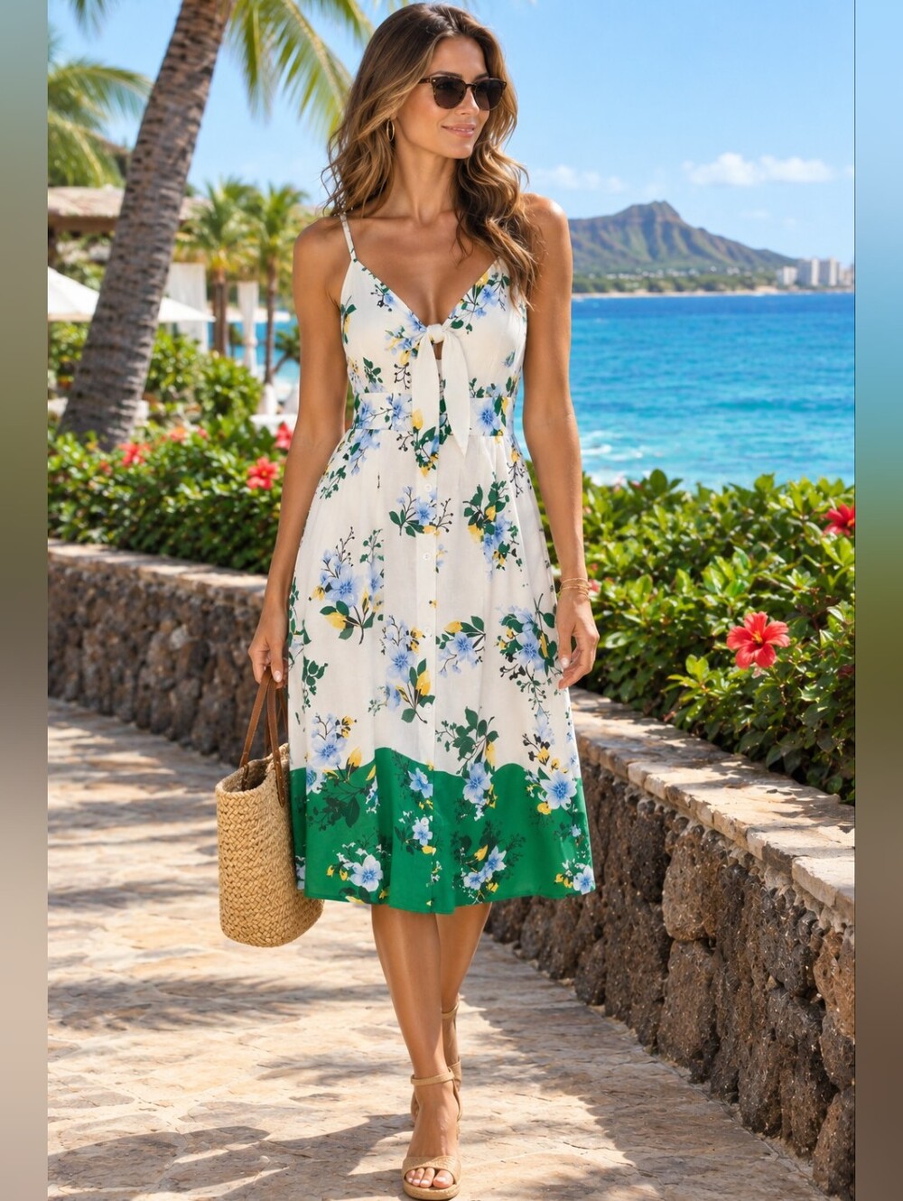 Kensie White Floral Midi Dress with Green Border and Tie-Front-NWOT